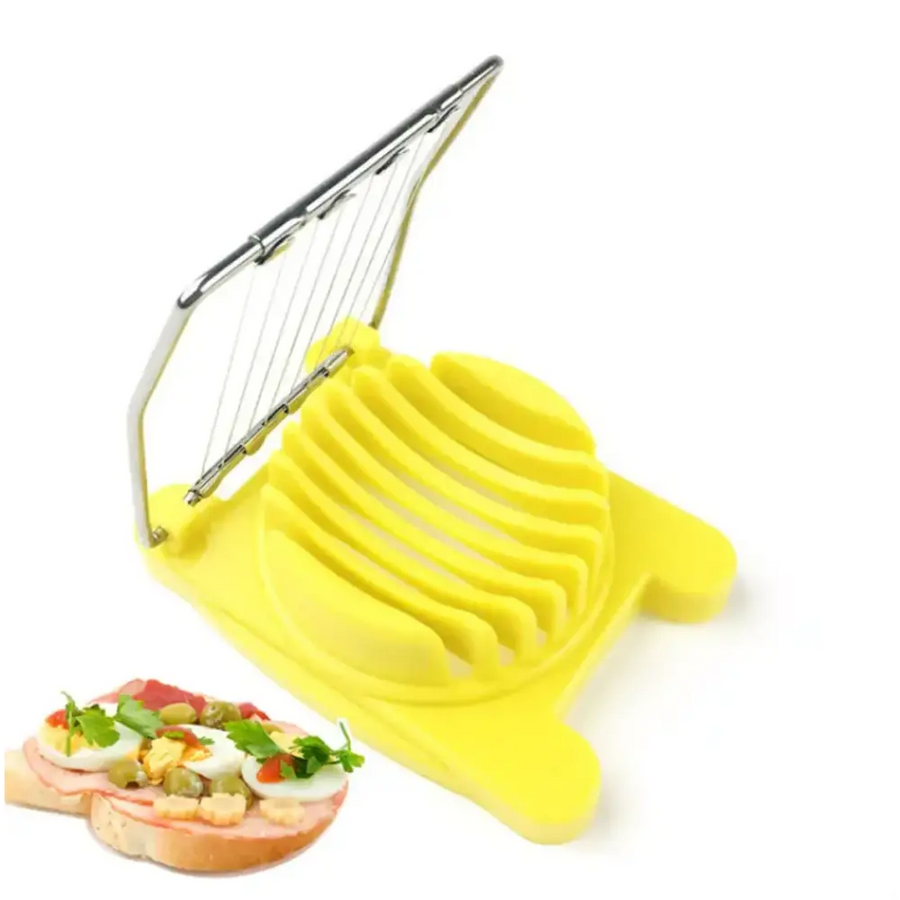 Bright yellow plastic egg slicer with a metal frame and wire blades.