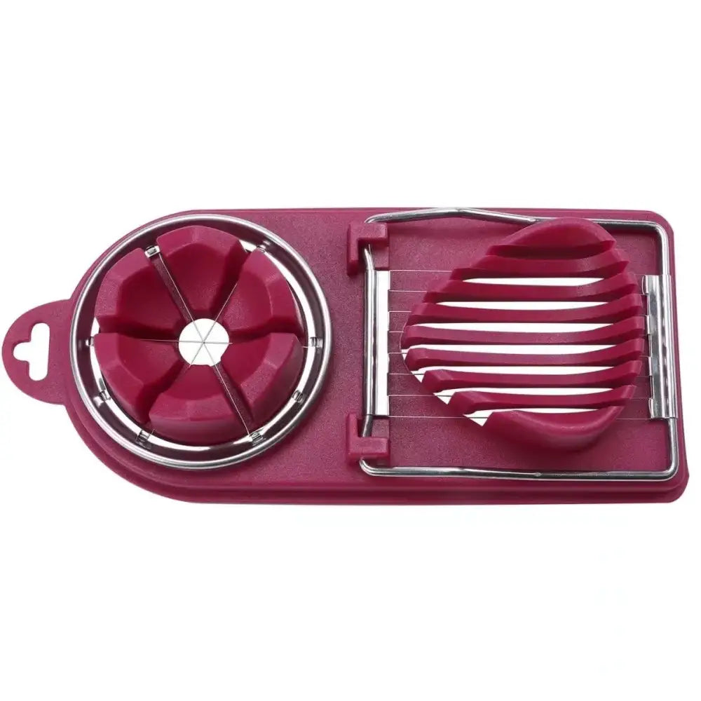 Maroon plastic and stainless steel egg slicer with a circular cutting wheel and a slotted slicing blade.