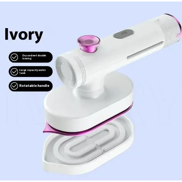 White and pink handheld dry and wet double iron with a rotatable handle, large capacity water tank.