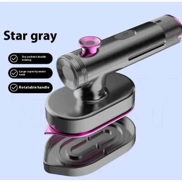 Star gray dry and wet double iron with a sleek metallic body, vibrant pink accents on the handle and water tank lid.