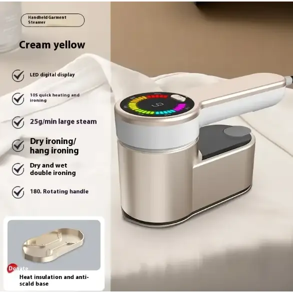 Cream yellow handheld garment steamer with a sleek metallic body, led digital display showing steam levels in rainbow colors, and a rotating handle for easy maneuverability.