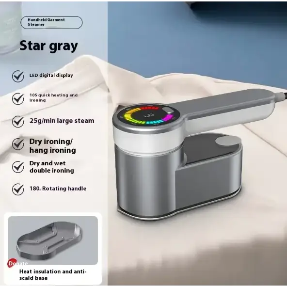 Star gray handheld garment steamer with a sleek metallic body, colorful led digital display, and rotating handle.