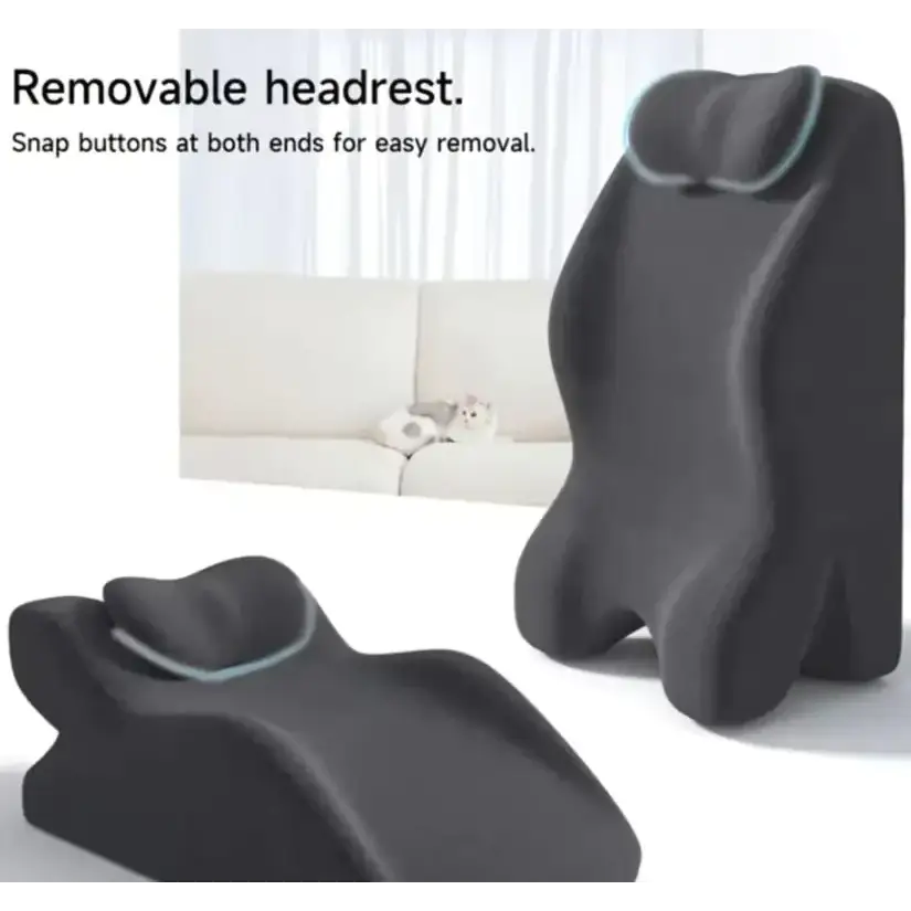 Black ergonomic lumbar support pillow with a removable headrest, featuring snap buttons for easy attachment and light blue trim along the edges.