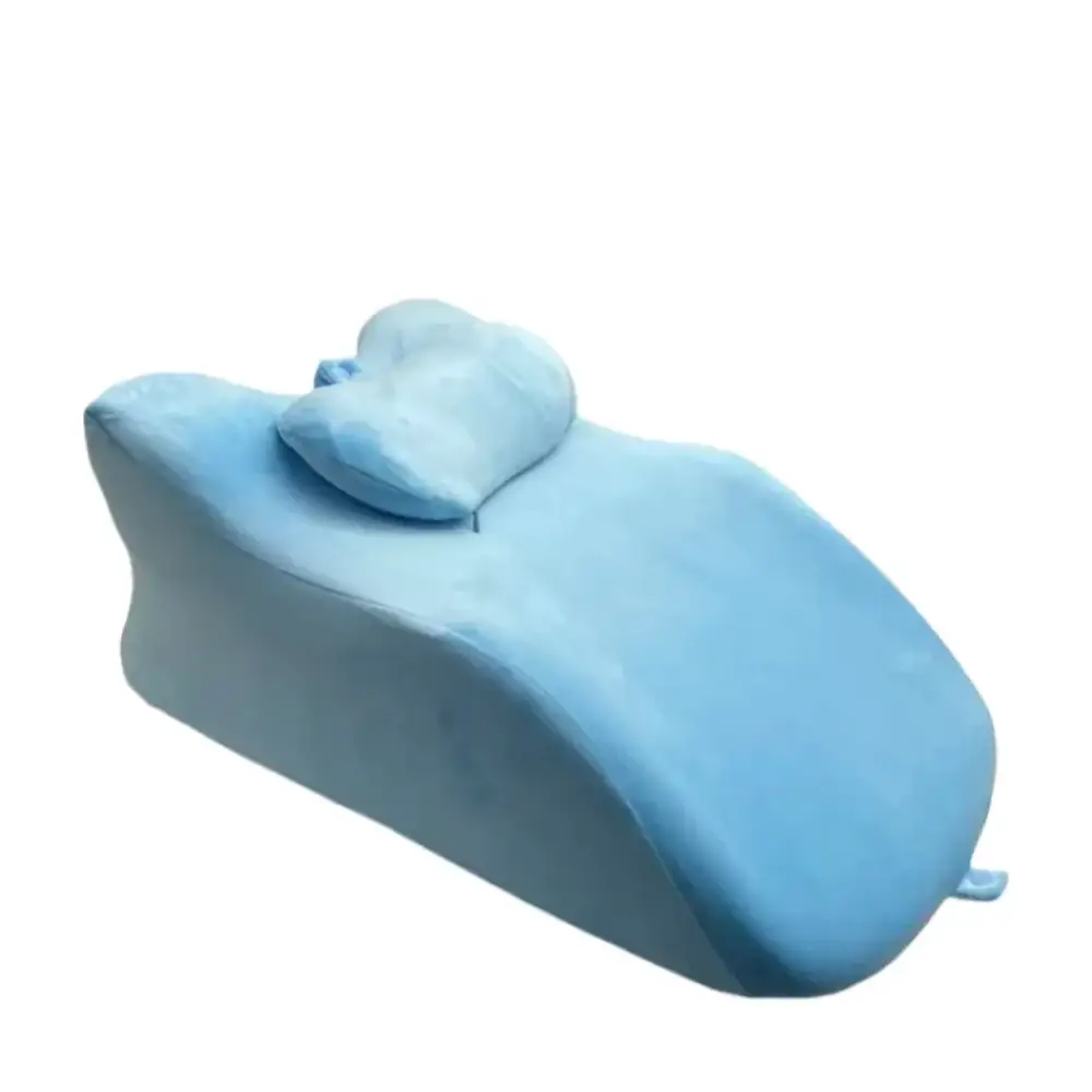 Light blue, plush memory foam body support pillow with a matching contoured headrest.