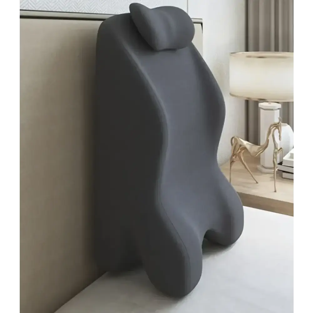 Dark gray ergonomic lumbar support pillow with contoured shape and soft, plush material.