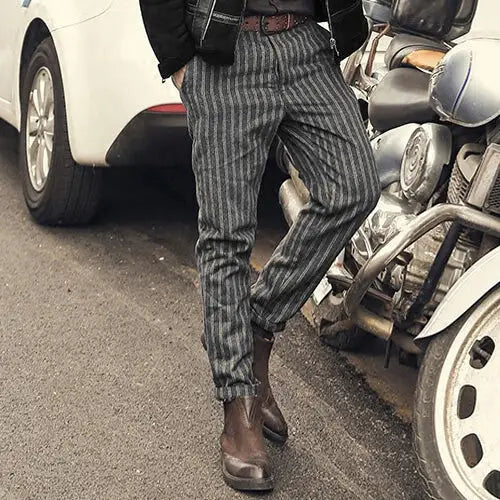 Striped Men's Casual Pants, Cropped Trousers