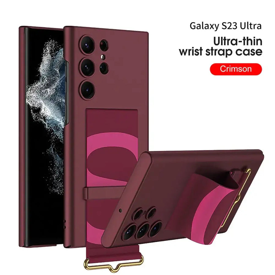 Crimson ultra-thin wrist strap case for galaxy s23 ultra with a pink abstract design and gold-tone hardware.