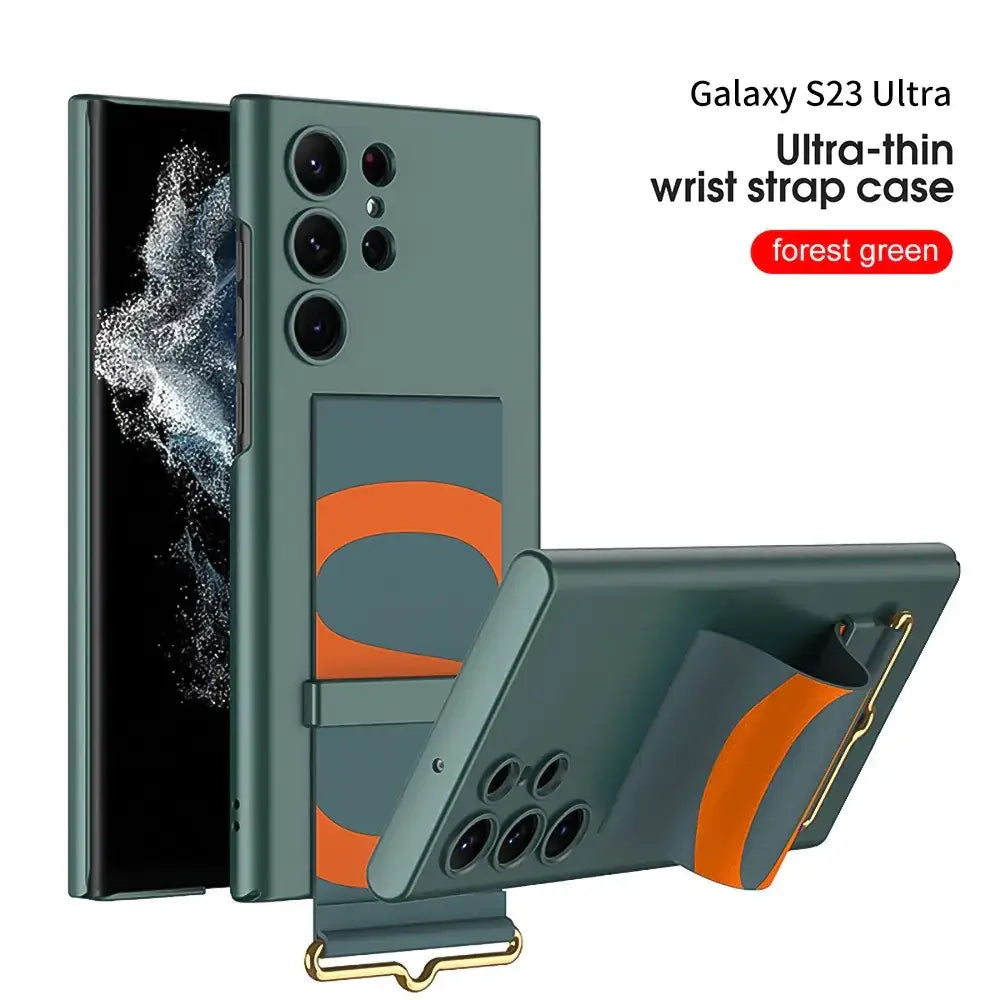 Forest green ultra-thin wrist strap case for galaxy s23 ultra with orange accent and gold-tone hardware.