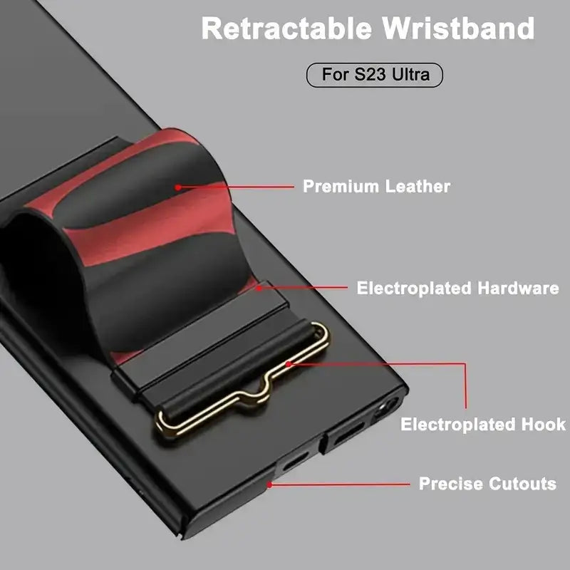 Black and red retractable wristband with premium leather and electroplated hardware, designed for the s23 ultra.