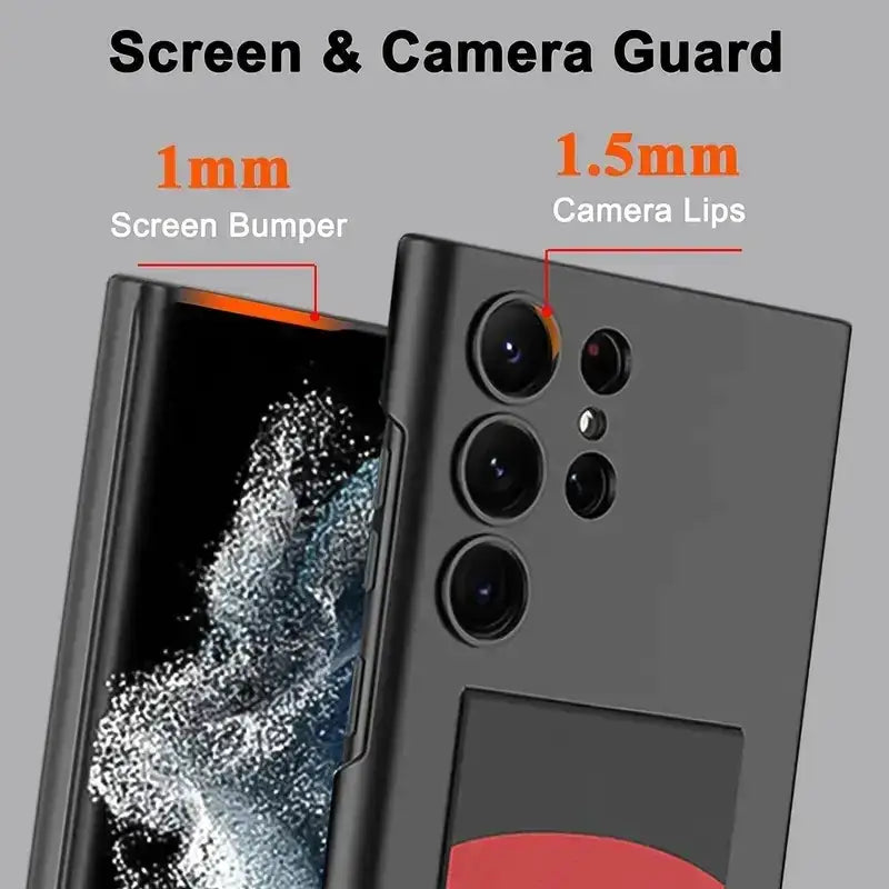 Black screen and camera guard with 1mm screen bumper and 1.5mm camera lips for a smartphone