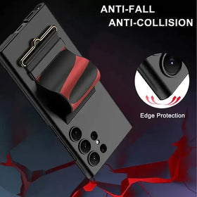 Black and red anti-fall phone case with a built-in clip-on grip.