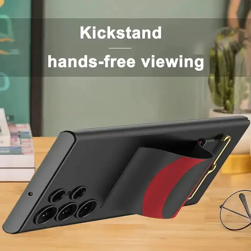 Black and red kickstand phone case with a sleek, minimalist design.