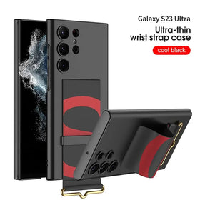 Cool black ultra-thin wrist strap case for galaxy s23 ultra with red accent and gold-tone clasp.