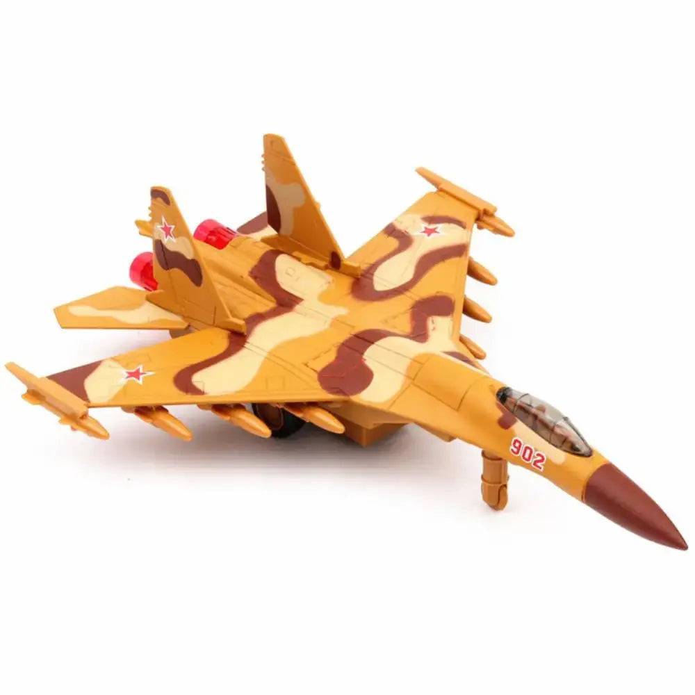 Yellow and brown camouflage-patterned toy jet with red star insignia and the number 902 on its nose.