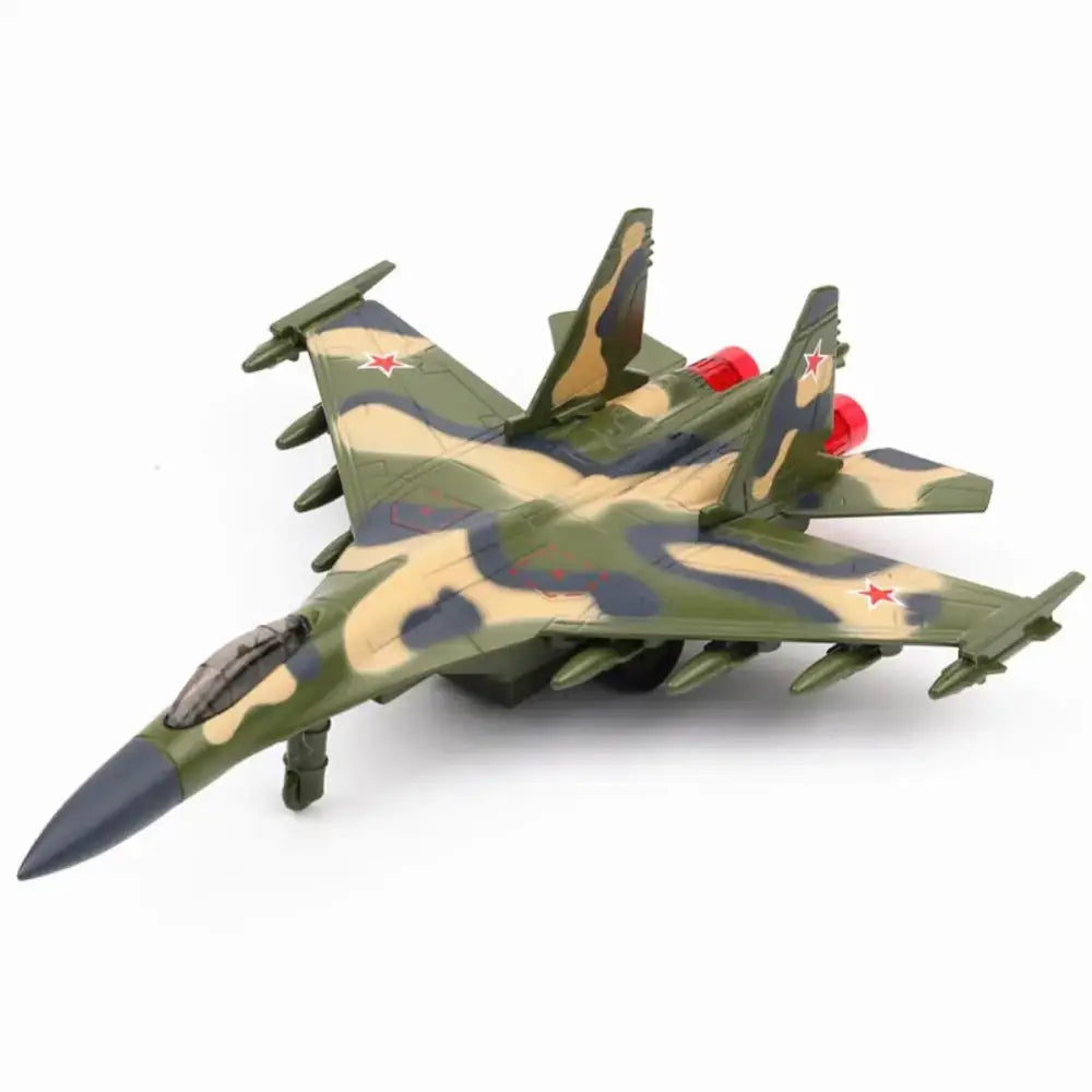 Camouflage-patterned toy jet with green, tan, and black markings and red star insignias.