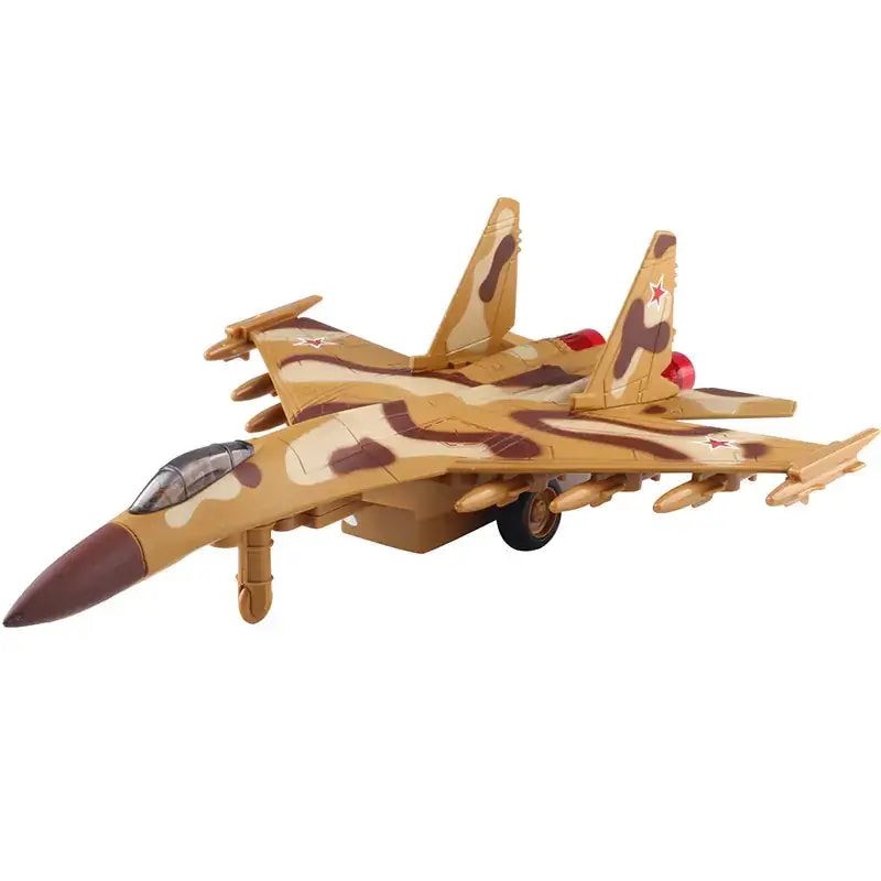 A detailed tan and brown camouflage-patterned toy jet with red star insignias on its wings and tail.