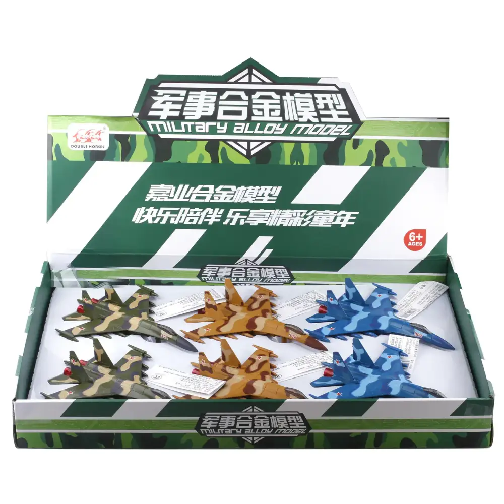 Military alloy model fighter jets in green, brown, and blue camouflage patterns.