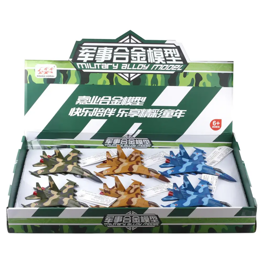 Military alloy model fighter jets in green, brown, and blue camouflage patterns.