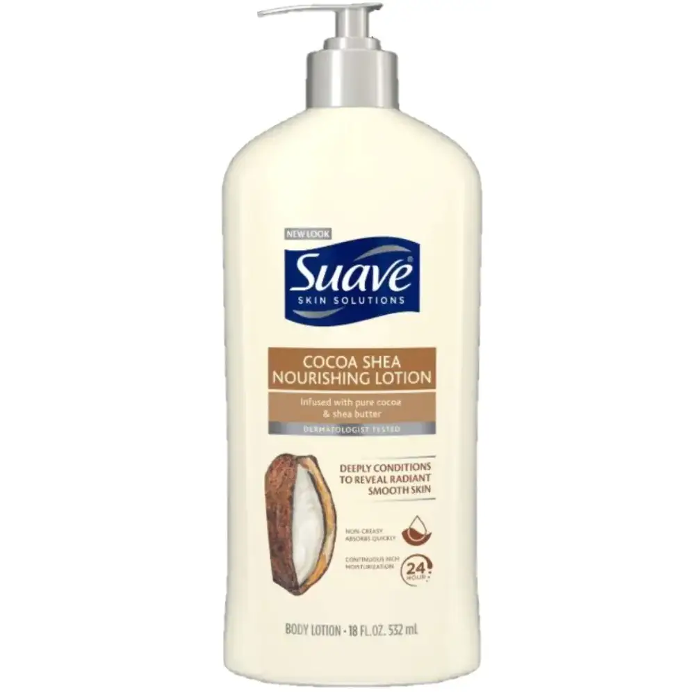 Suave skin solutions cocoa shea nourishing lotion in a creamy white bottle with a silver pump dispenser.