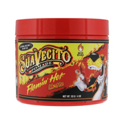 Red plastic jar of suavecito flamin’ hot matte pomade with a fiery cartoon cheetah design on the label.