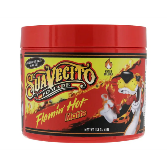 Suavecito X Flamin Hot Cheetos Pomade Matte (No Shine) Formula 4 oz - Medium Shine Water Based Wax Like Flake Free Hair Gel - Easy To Wash Out - All Day Hold For All Hairstyles