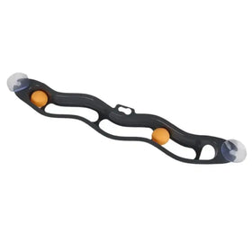 Black plastic hand exerciser with two orange spherical balls and clear suction cups at each end.