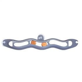 Gray plastic cat toy with two orange spherical balls and suction cups on each end.
