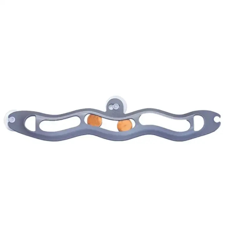 Gray plastic cat toy with two orange spherical balls and suction cups on each end.