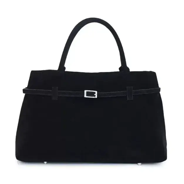 Black suede handbag with a silver-toned buckle and matching handles.