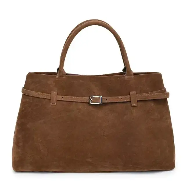 Brown suede tote bag with matching belt strap and silver-toned buckle.