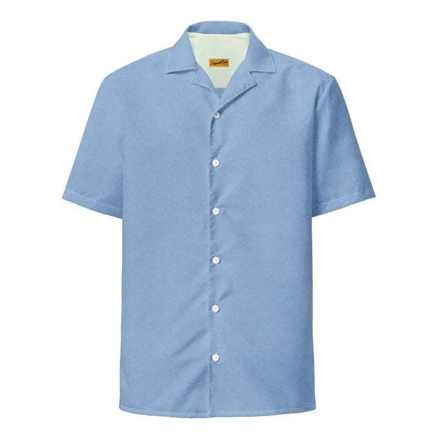 A light blue short-sleeved button-up shirt with a classic collar and white buttons.