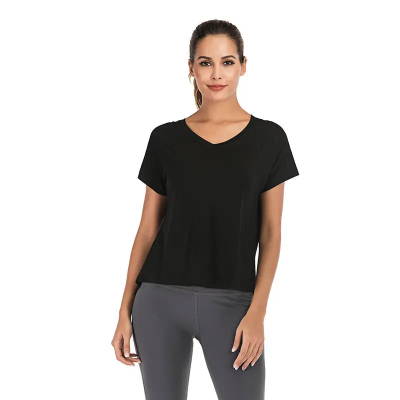 Summer V-Neck Sports T-Shirt with Open Back for Women