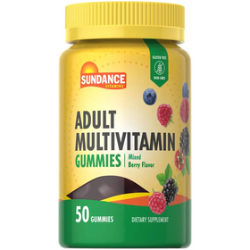 Yellow and green plastic bottle of sundance vitamins adult multivitamin gummies in mixed berry flavor, containing 50 gummies.