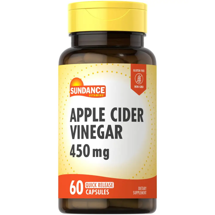 A brown bottle with a yellow cap and label, featuring sundance vitamins apple cider vinegar 450 mg capsules.