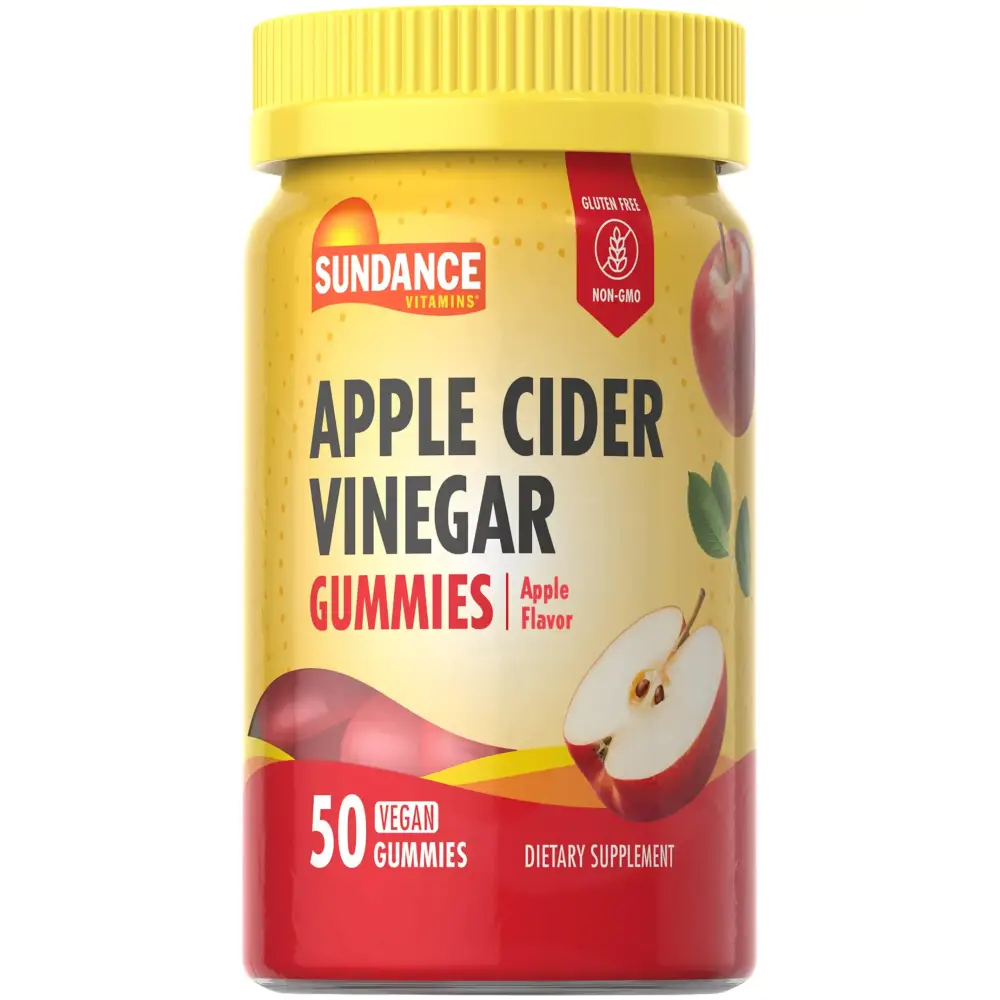 Yellow and red jar of sundance vitamins apple cider vinegar gummies with apple flavor.