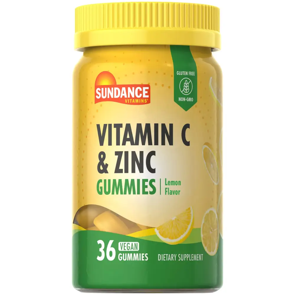Yellow plastic jar with a bright yellow ribbed lid, labeled ’sundance vitamins vitamin c & zinc gummies’ in bold black and green text on a lemon-themed design.