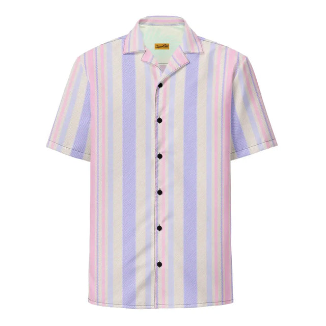 Pastel-striped short-sleeve button-up shirt with soft pink, lavender, and cream vertical stripes.