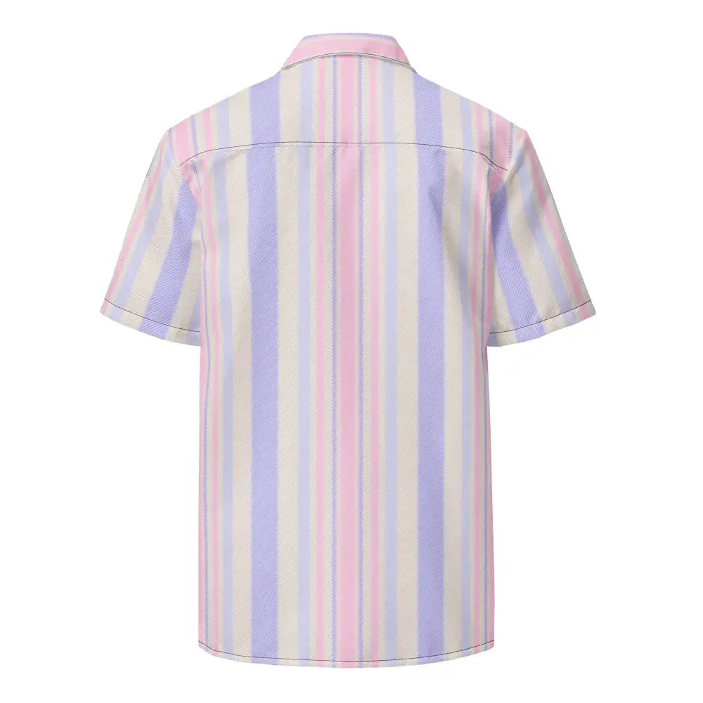 Pastel-striped short-sleeve button-up shirt with vertical stripes in soft pink, lavender, and cream hues.