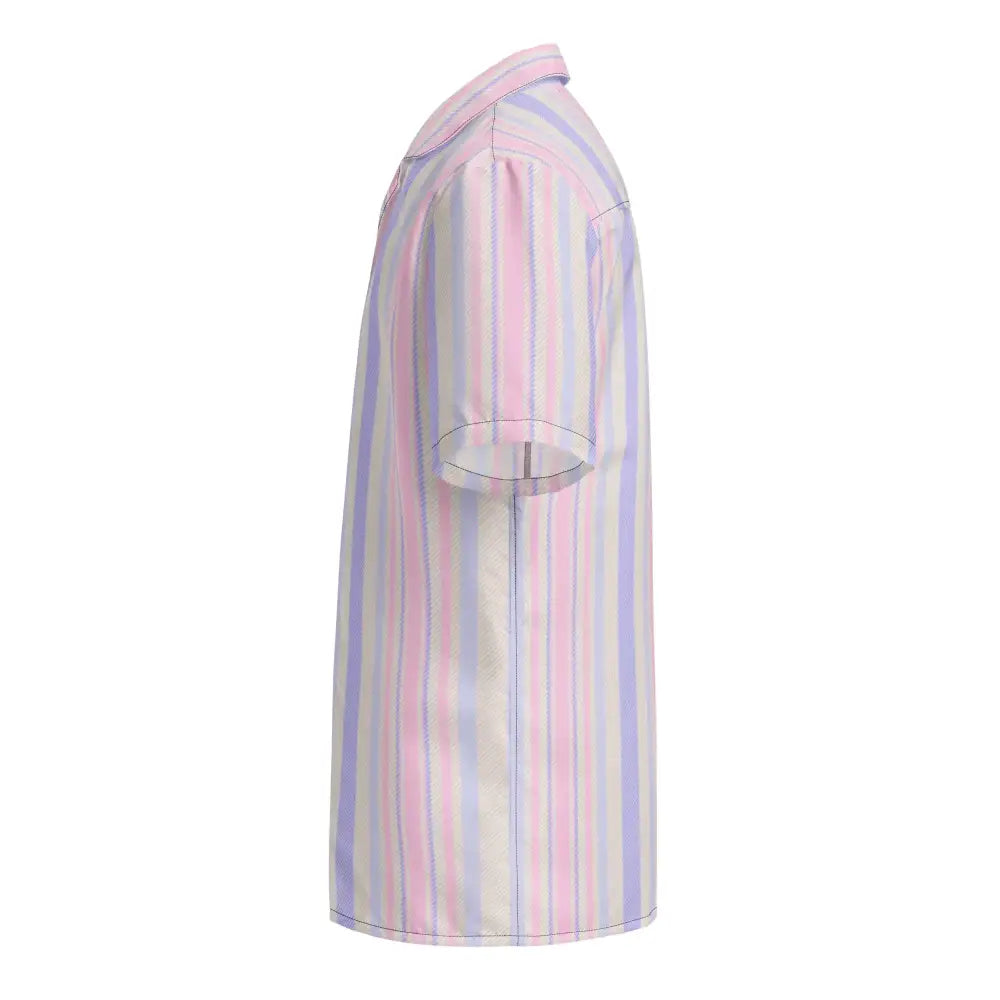 Pastel striped short-sleeve button-up shirt with a collar and subtle vertical stripes in shades of pink, lavender, light blue, and cream.