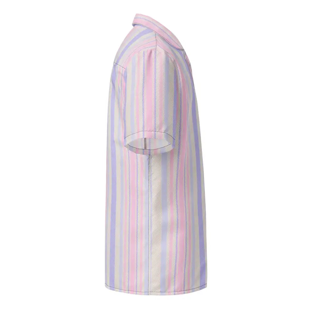 A short-sleeved button-up shirt with vertical stripes in soft pink, lavender, and pale blue hues.