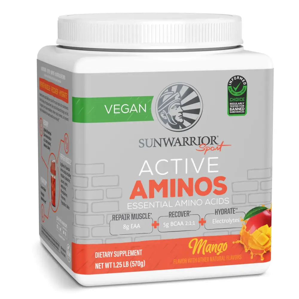 Sunwarrior sport active aminos essential amino acids powder in a white container with an orange and green label, mango flavor.