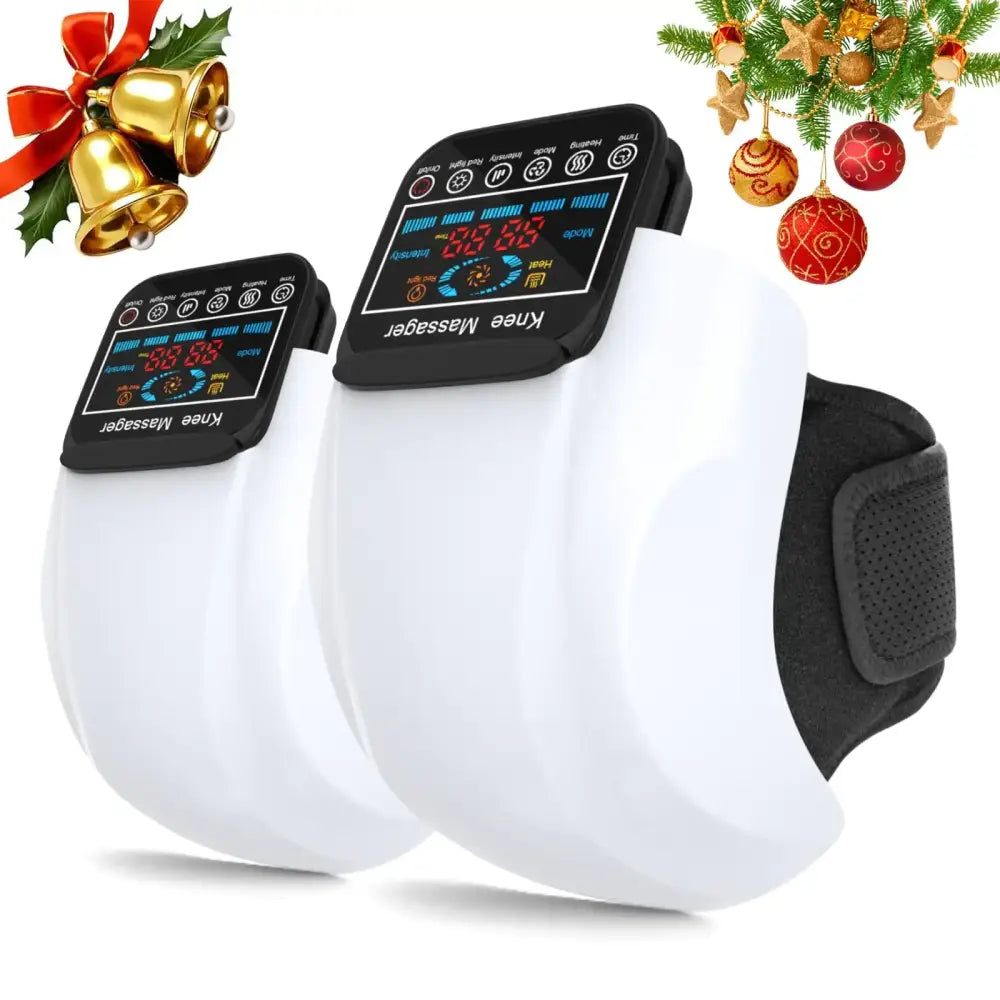 White knee massagers with black control panels and digital displays showing red and blue numbers, featuring adjustable straps for secure fit.