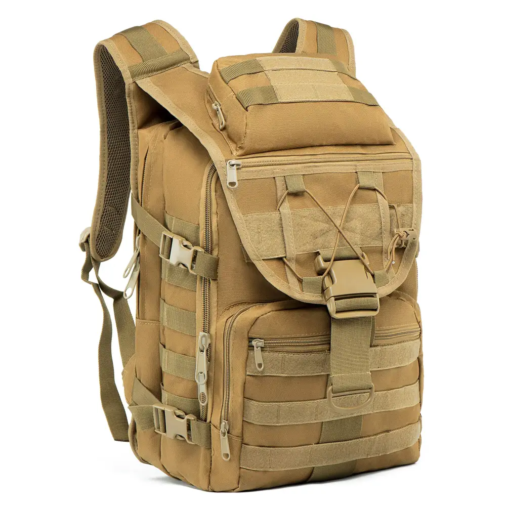 Tan tactical backpack with multiple zippered compartments, adjustable straps, and molle webbing for gear attachment.
