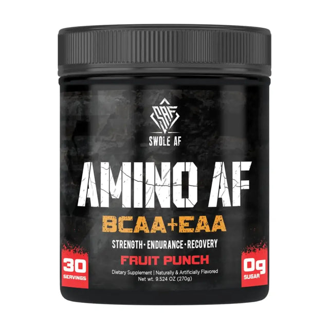 Black cylindrical container with a textured black lid, featuring bold white and orange text that reads ’amino af bcaa+eaa’ on its label.