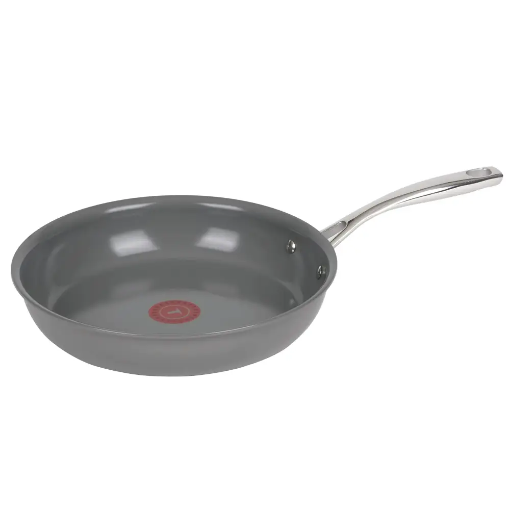 Gray nonstick frying pan with a stainless steel handle and a red circular logo on the bottom.