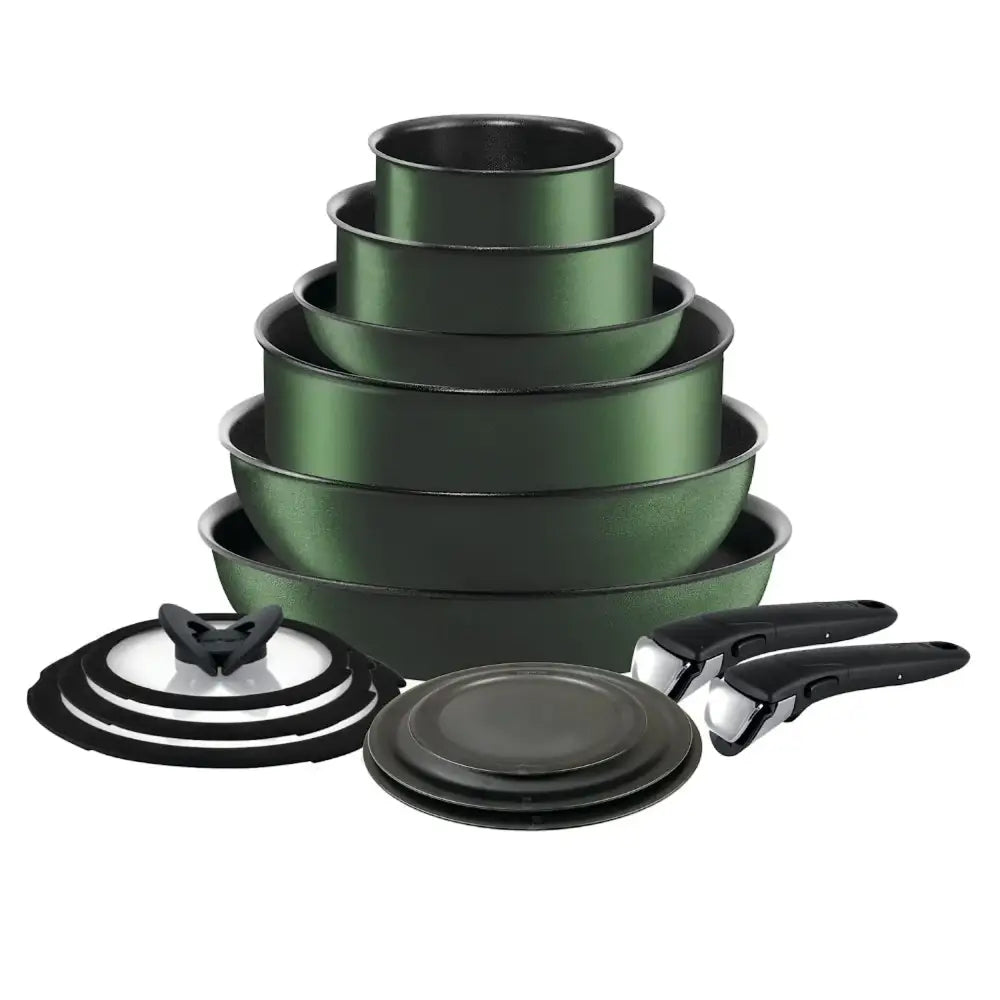 Set of nested green non-stick cookware with black lids and handles.
