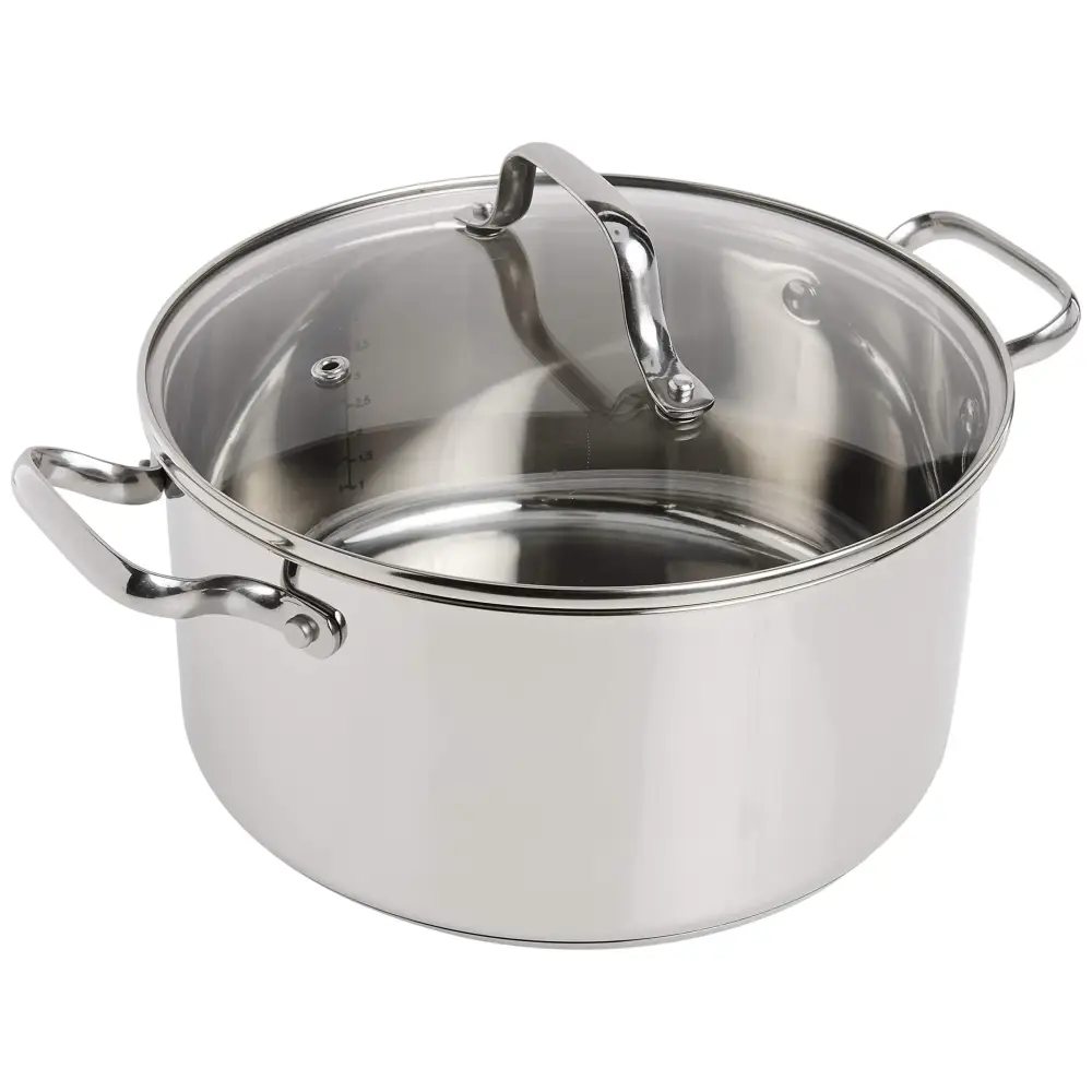 Stainless steel stockpot with a clear glass lid and two sturdy side handles.
