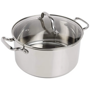 Stainless steel stockpot with a clear glass lid and two sturdy side handles.
