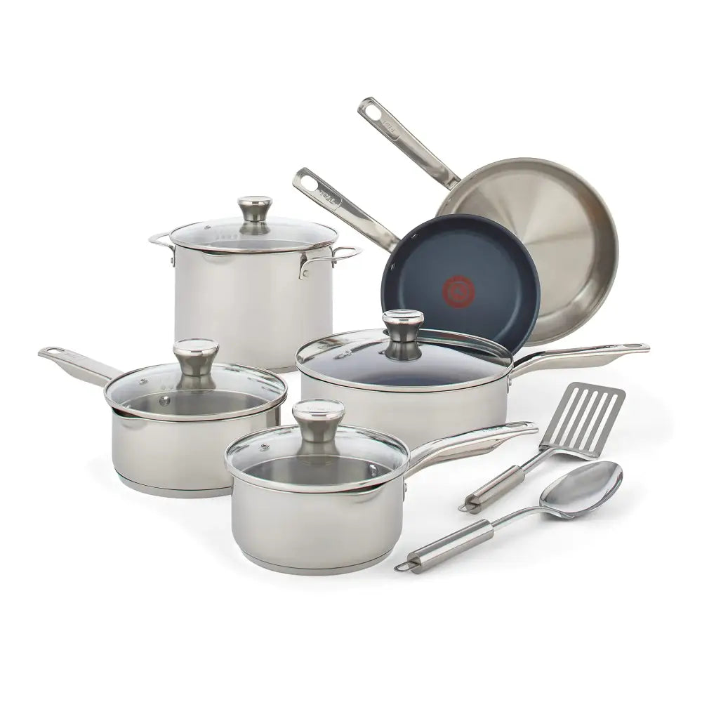 Stainless steel cookware set with glass lids and a non-stick frying pan