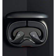 Black wireless earbuds with touch-sensitive controls, nestled in a sleek matching charging case.